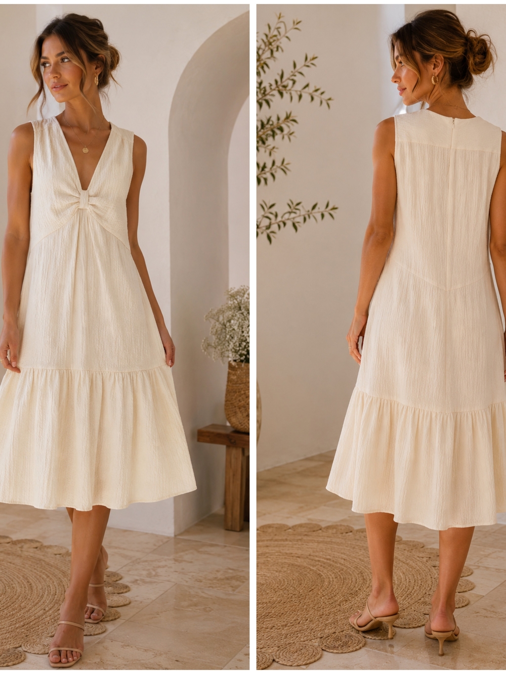 Calvin Klein Cream Sleeveless V-Neck Midi Dress with Twist Front